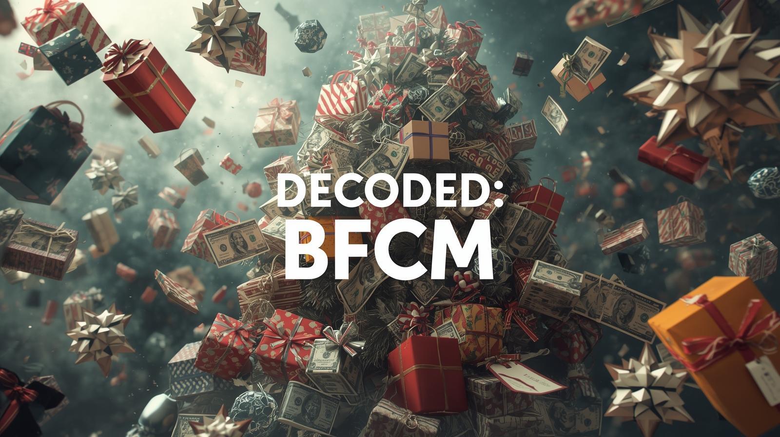 an email image for our new newsletter with the text _Decoded_ BFCM_ its about the holidays, shopping, retail, spending so gifts, shopping bags, money (1)